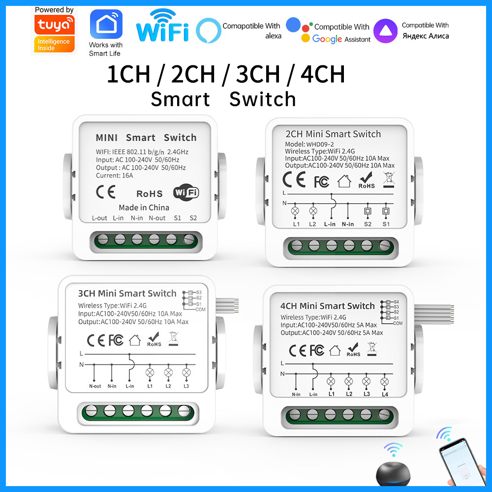 Smart Home Alexa - Inteligentny przełącznik WiFi Tuya 1/2/3/4-kanałowy, 4-drożny